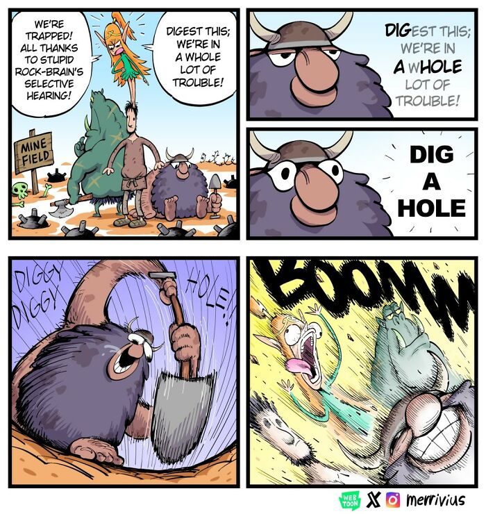 Funny comic by Merrivius featuring an elf, orc, and dwarf in a minefield, with the dwarf digging a hole.