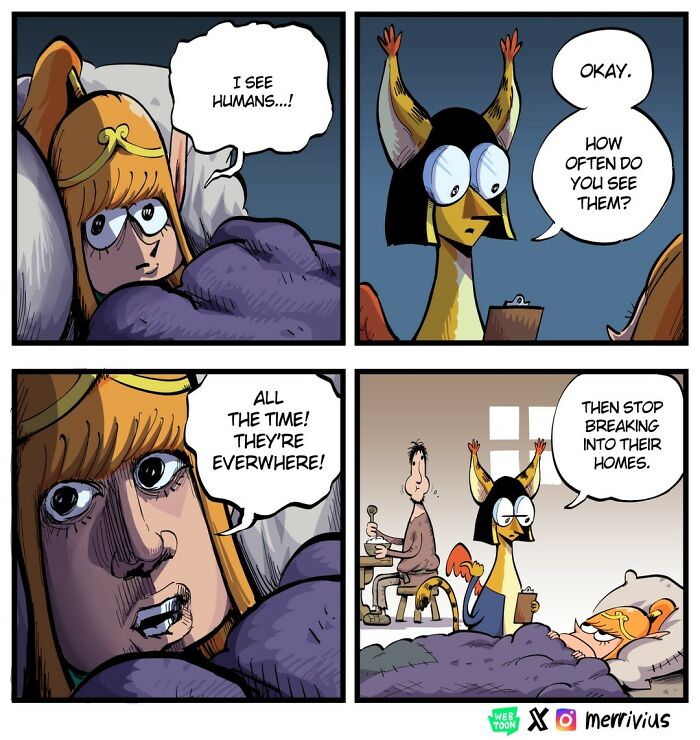 Funny comic by Merrivius featuring a human-hating elf discussing human sightings with a bird-like character.