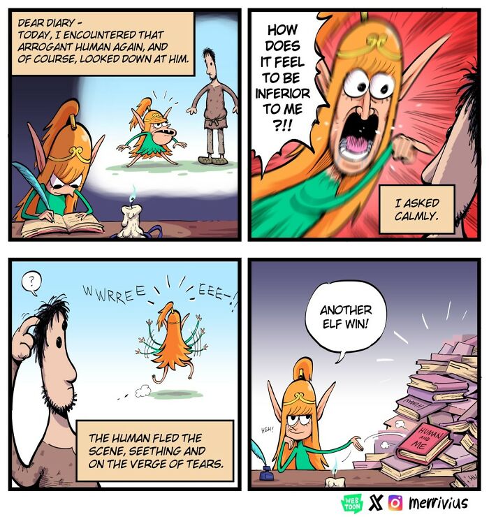 Funny comic with an elf mocking a human, featuring fantasy characters and a triumphant elf victory.