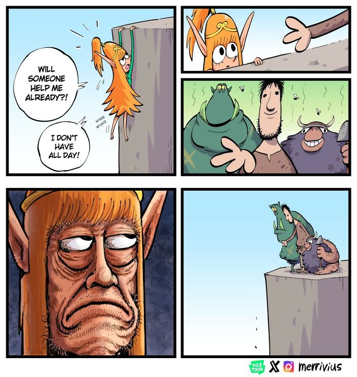 Comic by Merrivius showing a frustrated elf on a cliff with orcs and dwarves.