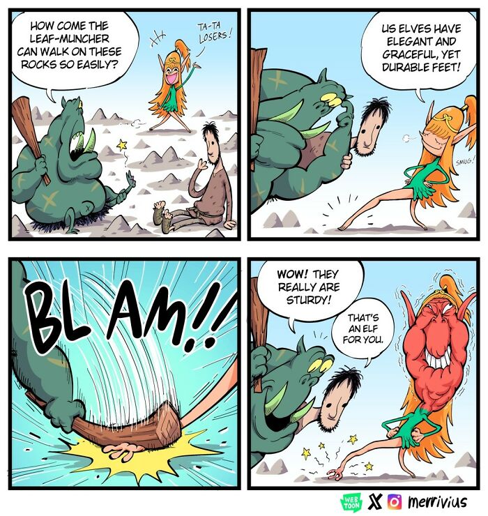 Humorous comic by Merrivius featuring a human-hating elf, showing off durable feet in a fantasy setting.