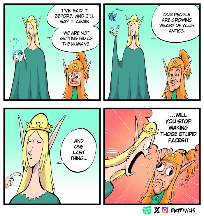 Elf humor in a comic strip by Merrivius featuring fantasy characters like orcs and dwarves.