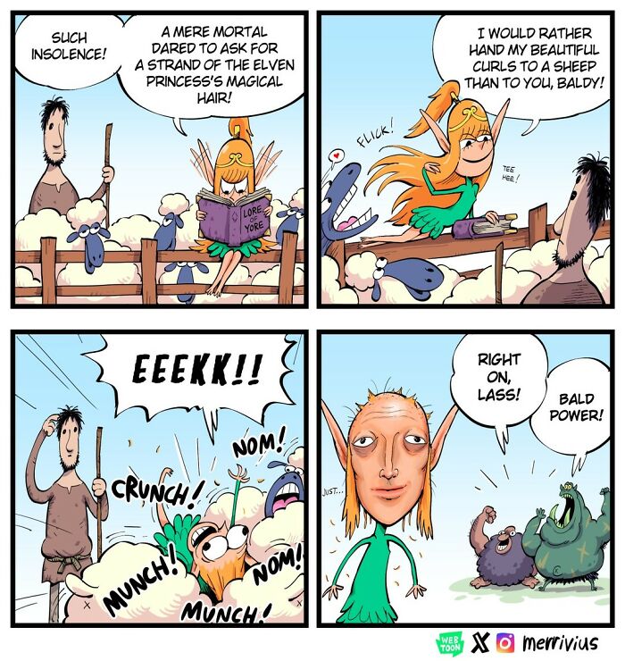 Comic panel featuring a human-hating elf refusing a hair request from a bald man, with fantasy characters reacting humorously.