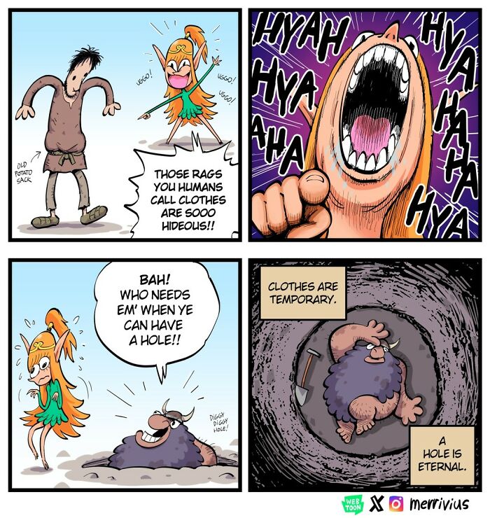 Funny comic by Merrivius with a human-hating elf mocking human clothes, featuring an orc in a hole.