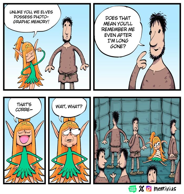 Comic strip featuring a humorous fantasy scene with an elf and human characters.