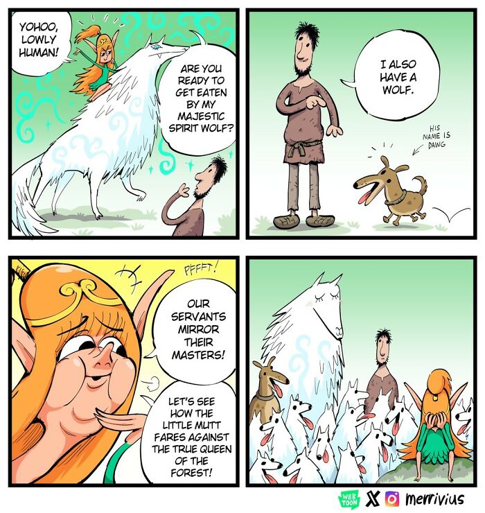 Fantasy comic featuring a human-hating elf with a spirit wolf, confronting a human and his pet.
