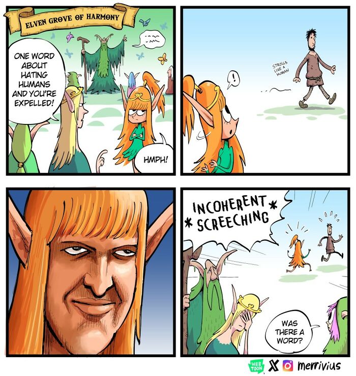 Elf and human with speech bubble about hating humans, humorous fantasy comic by Merrivius.