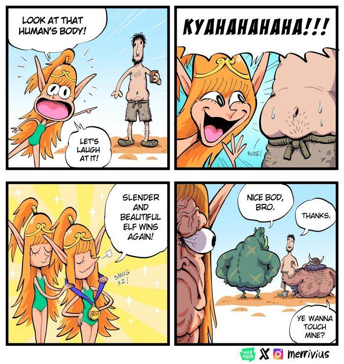Funny comic by Merrivius featuring a human-hating elf laughing at a human's body alongside orcs and other fantasy characters.