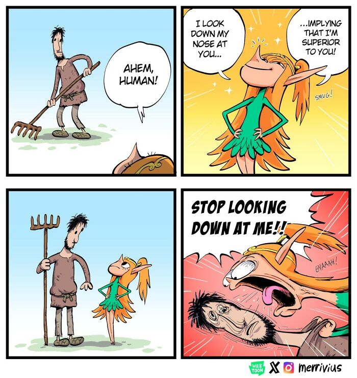Elf ridicules human with a smirk; fantasy comic by Merrivius shows human-hating elf humor and expressions.