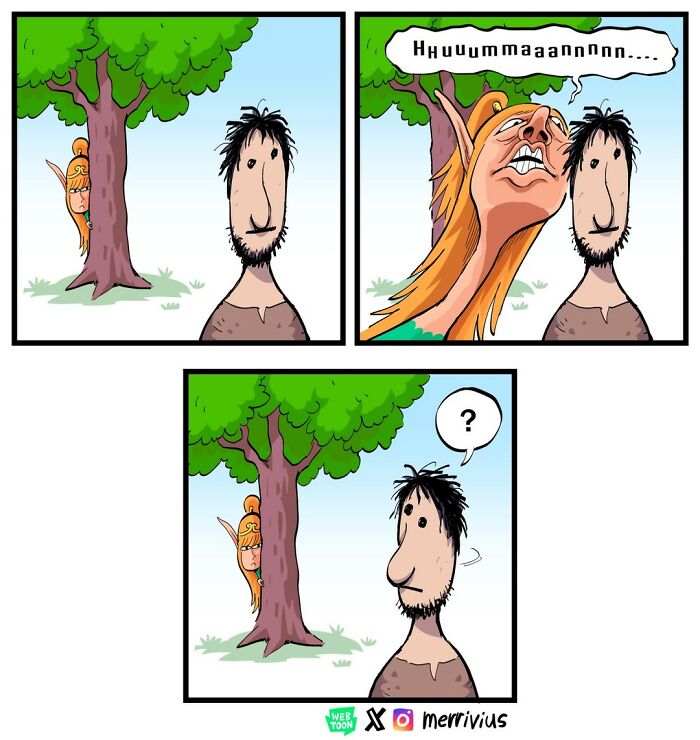 Elf peeks from tree, calls human; human looks confused. Fantasy comic by Merrivius.