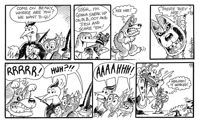 Comic strip featuring a Liverbird and friends, surprised by a sneaky animal, illustrating nostalgic humor by Jo Travers.