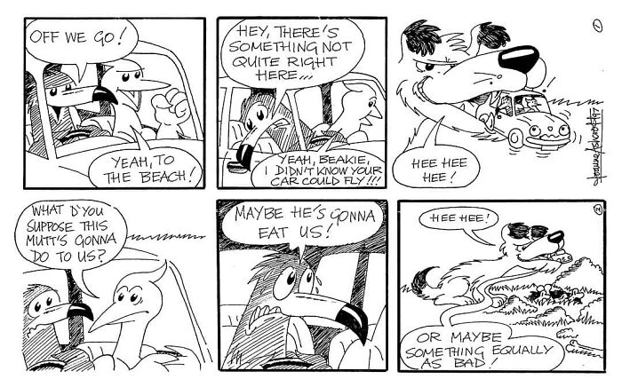 Merseybird comic: Liverbird and friends in a flying car encounter a mischievous dog, imagining potential dangers.