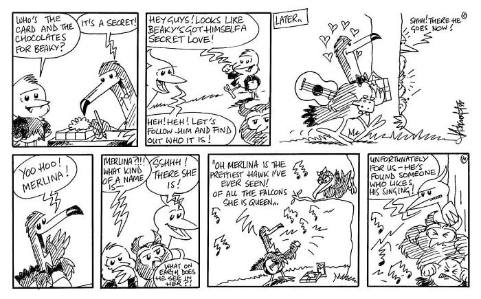 Cartoon strip of a Liverbird named Beaky with friends, exploring secret love and admiration for Merlina the hawk.