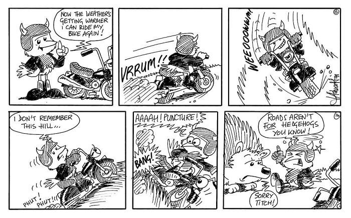 Comic strip featuring a Liverbird riding a bike, encountering a puncture, and apologizing to a hedgehog.