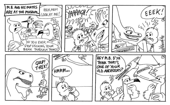 Comic strip featuring Merseybird and friends at a museum, encountering dinosaurs like T-Rex and a Pterosaur.