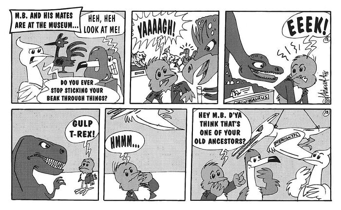 Comic strip featuring Merseybird and friends at a museum, humorously interacting with dinosaur exhibits.