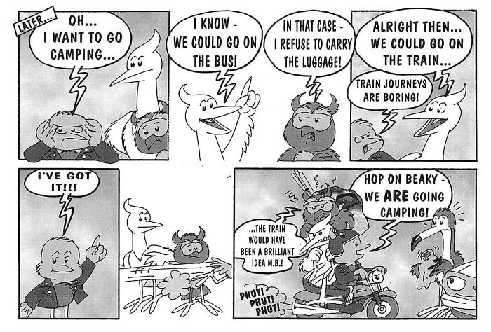 Merseybird comic scene with a Liverbird and friends discussing camping travel options and deciding to ride a scooter.