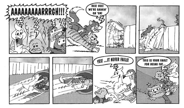 Comic strip featuring Merseybird and friends in a humorous chase with a tiger, showing surprise and camaraderie.