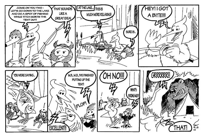 Comic strip featuring a Liverbird and friends by Jo Travers, fishing by a lake with a surprise encounter by the tent.
