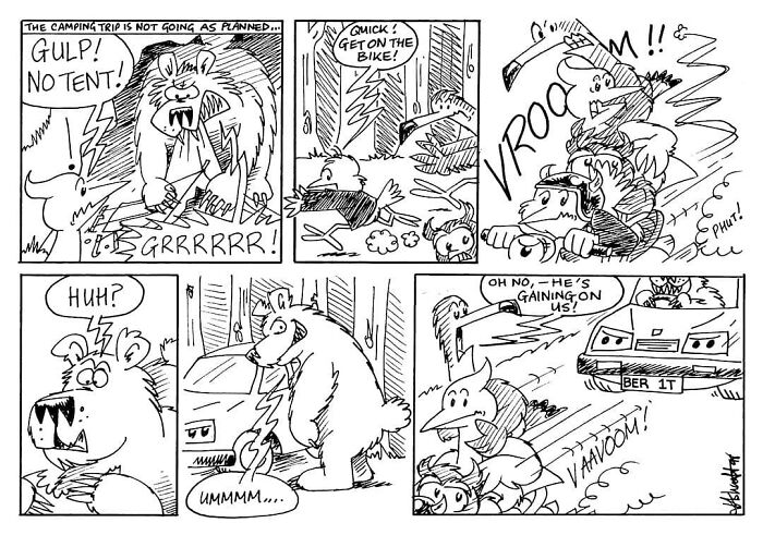 Comic strip featuring Merseybird and friends escaping a bear on a bike, pursued by a vehicle. Humor and nostalgia theme.