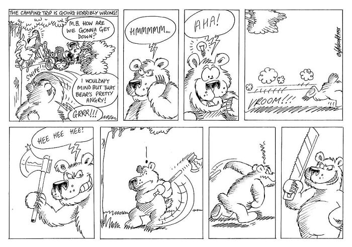 Merseybird comic strip featuring a bear solving a camping problem cleverly, with humorous expressions and actions.