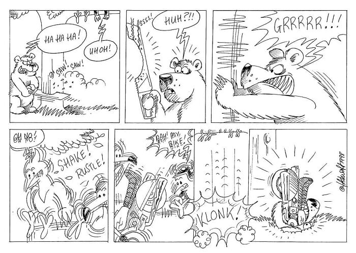 A Liverbird in a comic strip encounters a bear, leading to a humorous and chaotic scene by Jo Travers.