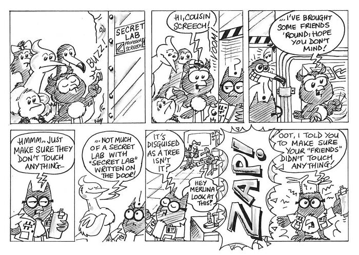 Comic strip featuring Merseybird characters in a secret lab, discussing its security and accidental chaos with playful dialogue.