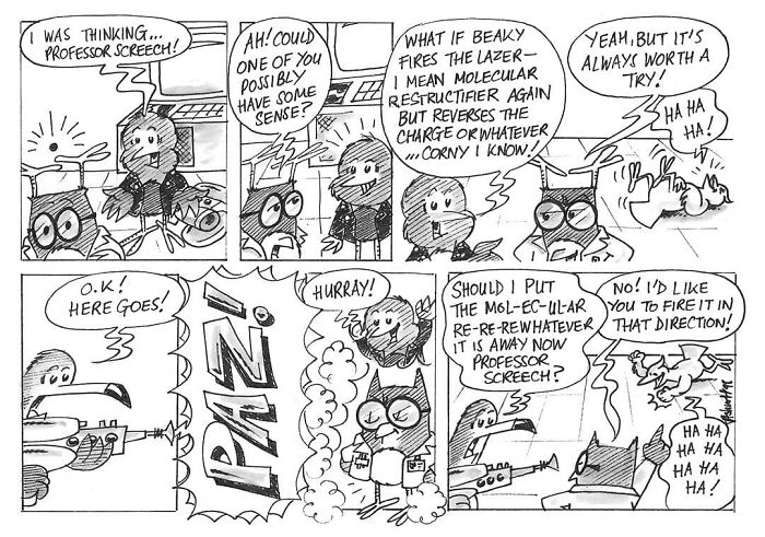 Comic strip featuring Liverbird and friends discussing a molecular restruciter plan with humorous dialogue and antics.