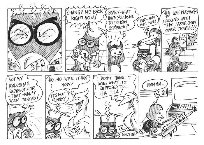 Comic from Merseybird featuring a Liverbird and friends in a humorous lab scene with a laser gun mishap.