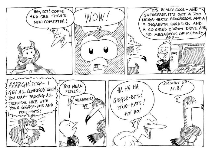 Merseybird comic strip features Liverbird characters discussing a new computer in a humorous and nostalgic setting.