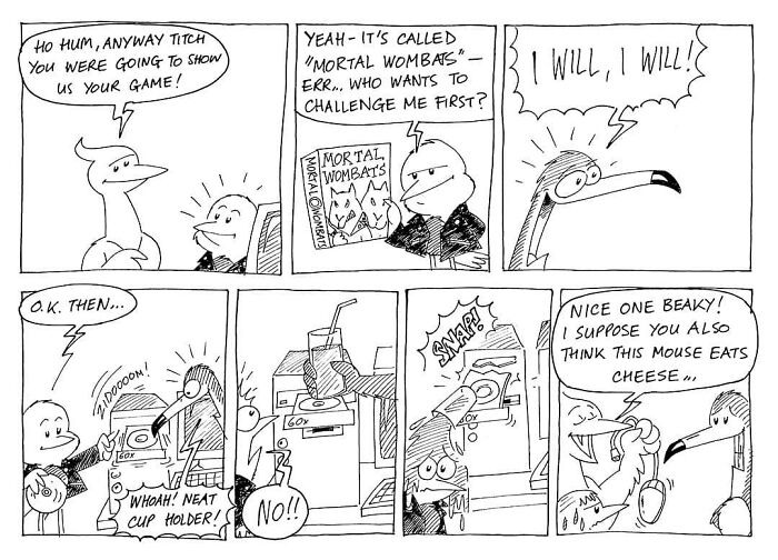 Comic strip featuring a Liverbird and friends humorously interacting with a video game.
