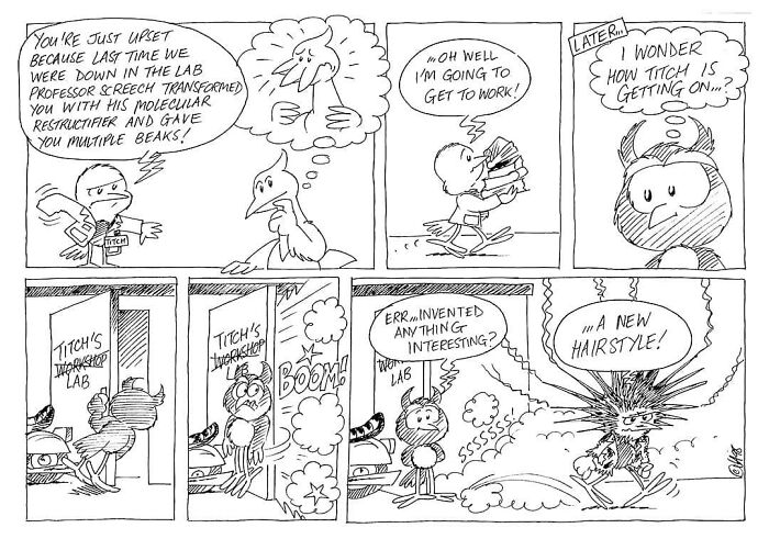 Comic panel featuring Merseybird and friends in a lab, showcasing a humorous hair invention incident.