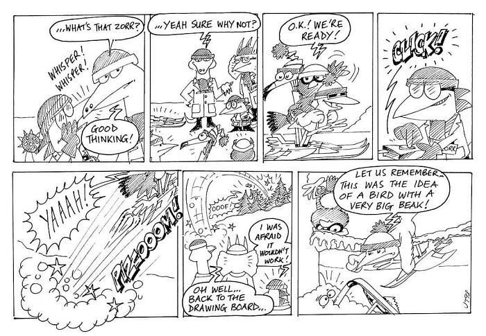 Comic strip featuring Merseybird and friends executing a humorous plan with a catapult, resulting in unexpected chaos.
