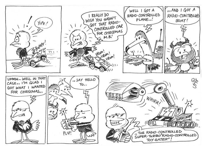 Merseybird comic strip illustrating Liverbird with friends and their radio-controlled toys in a humorous Christmas scene.