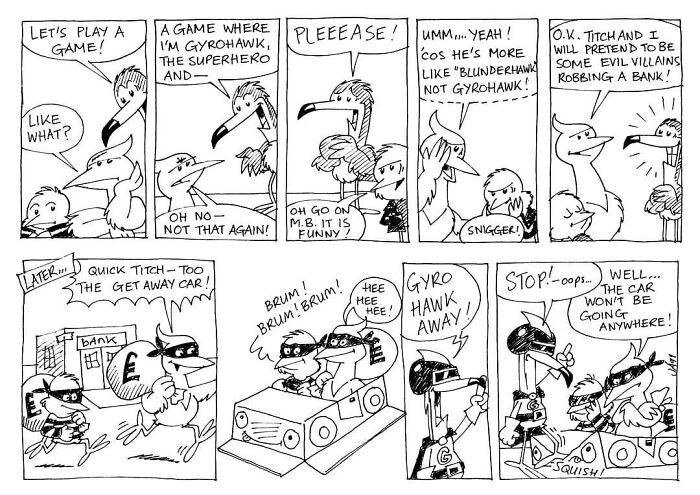 Comic strip featuring Merseybird and friends playing a superhero game involving a bank heist scenario.