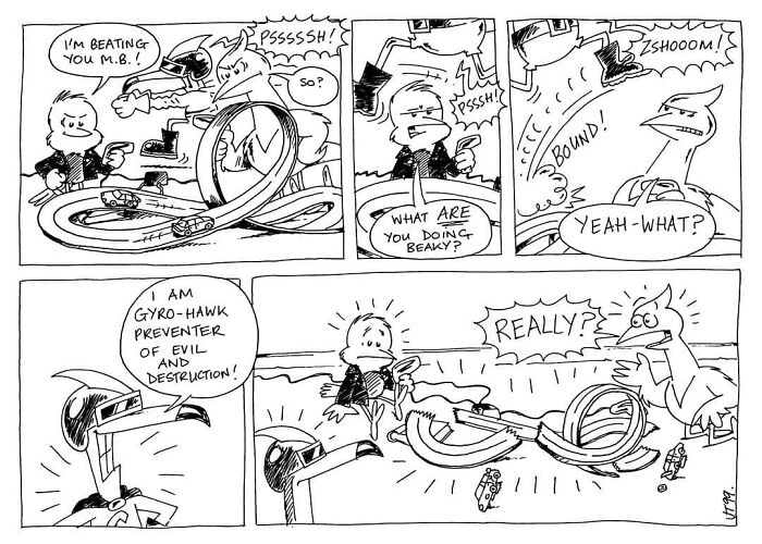 Merseybird comic strip with a Liverbird character engaging in a playful dialog about beating his friend with a toy.