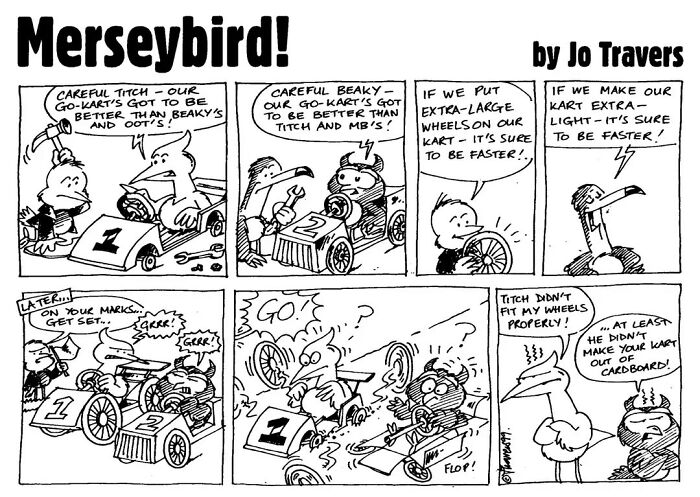 Comic featuring Merseybird characters racing go-karts, with humorous dialogue about kart improvements by Jo Travers.
