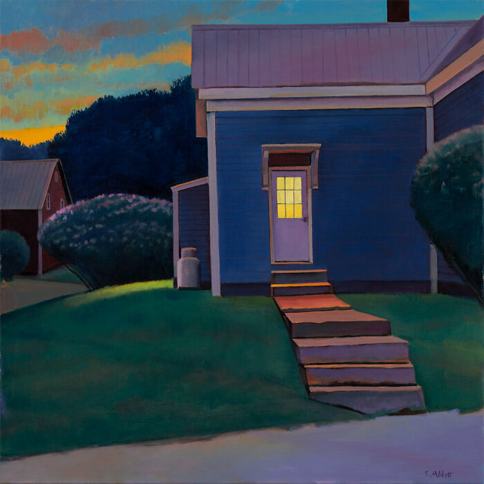 Painting by Susan Abbott depicting a quiet street at sunset with a sunlit window on a blue house.