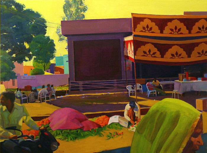 Quiet street scene with bright colors and patterns, depicting a lively market under sunlit windows.