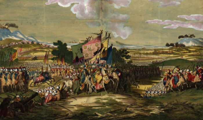 Historical battle scene with soldiers and colorful flags, set in a scenic landscape.