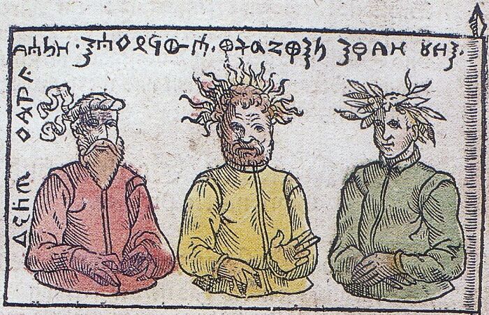 Illustration of triple threat deities showing three distinct gods with unique head features and clothing styles.