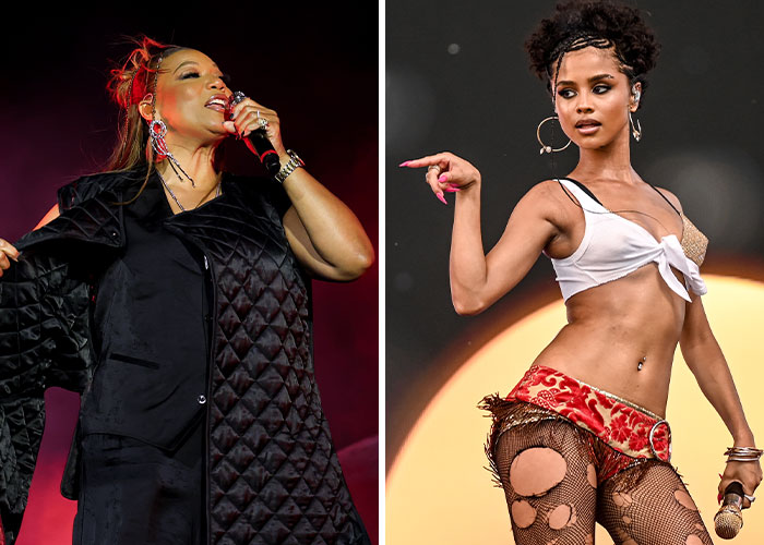 Two performers at Coachella 2025 showcasing bold fashion choices on stage.