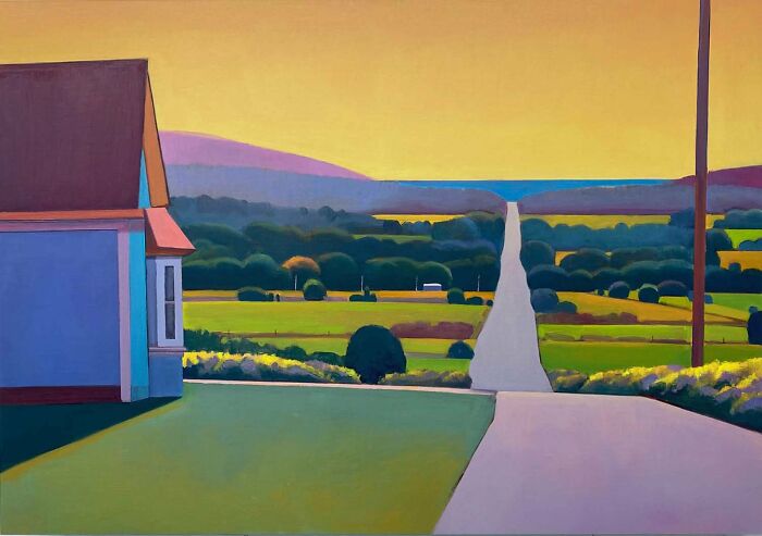 Painting by Susan Abbott depicting a quiet street with sunlit windows, a distant horizon, and vibrant colors.