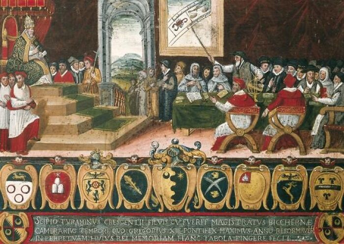 Medieval painting depicting a Roman Empire scene with officials and insignia in a grand hall.