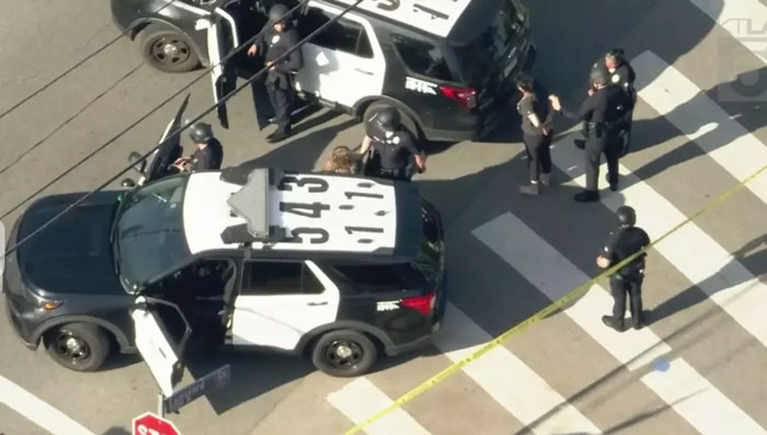 Police vehicles at the scene with officers; related to Weezer bassist's statement after shooting incident.