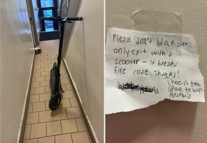 Scooter blocking hallway with a note addressing lack of self-awareness on fire safety compliance.