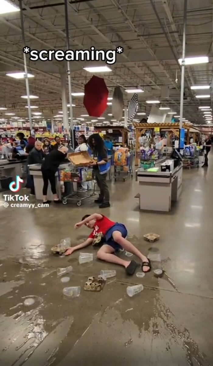 Person slipping in a store, surrounded by spilled items, illustrating lack of self-awareness.