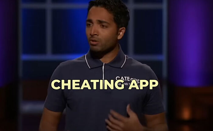 Man presenting a cheating app product on Shark Tank, an example of Shark Tank products that completely flopped.
