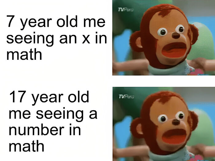 Two-panel meme with a surprised monkey, humorously depicting reactions to math at ages 7 and 17.