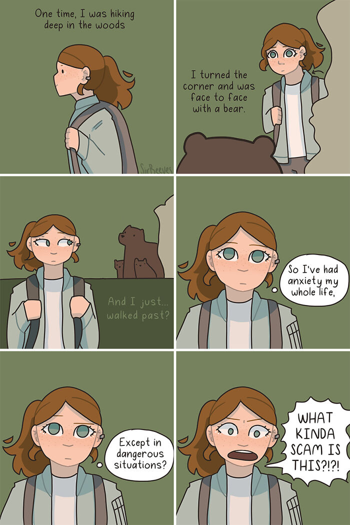 Comic panels showing a girl encountering a bear, expressing anxiety and questioning it in an honest comic about growing up.
